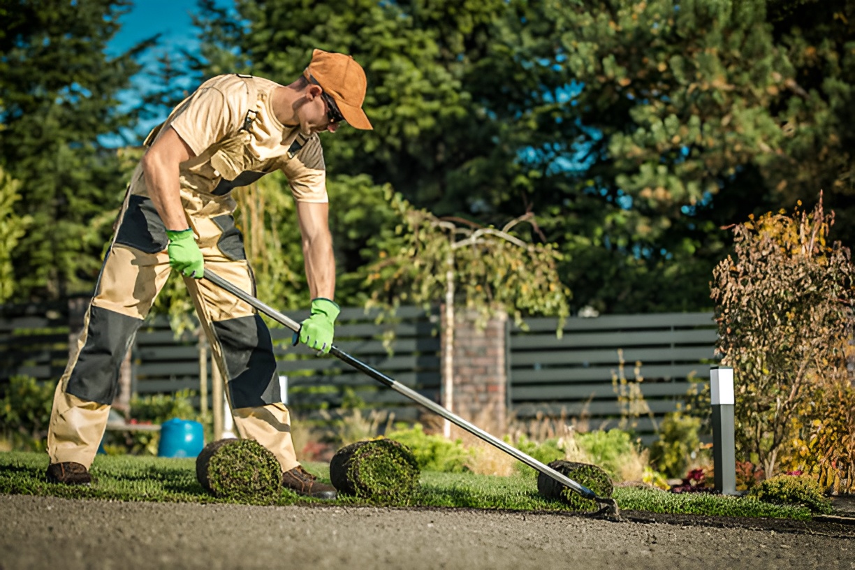 man laying sod on a sunny day